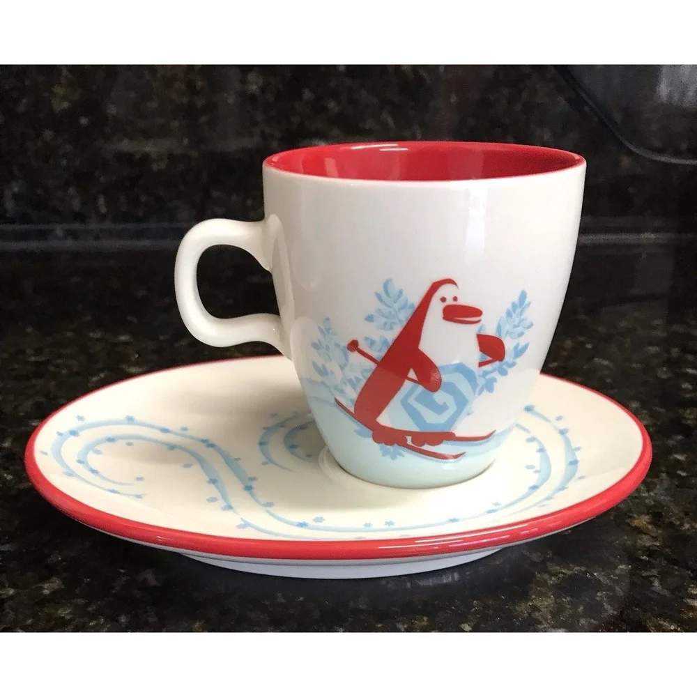 Set of 2 Starbucks 2007 Christmas Coffee Cup & Saucer Holiday‎ Snowman & Penguin